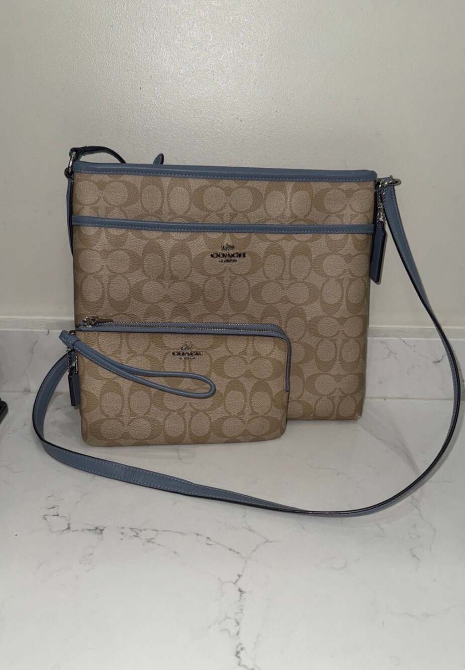 Coach Signature Canvas File Crossbody Bag and Corner Zip Wristlet Set in Tan and